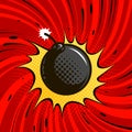 Comic bomb explodes. Dynamite, round cannonball with fire. Cartoon vector illustration