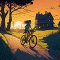 comic book art images of the either a young boy or girl riding a bicyle along the beautiful country road.