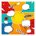 Comic book. Cartoon bubble elements, speech arrow, template of page with balloon, retro art cloud. Boom effects with Royalty Free Stock Photo