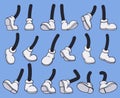 Comic book cartoon foots, doodle mascot legs in boots. Cartoon comic mascot foot, shoe legs poses vector symbols illustrations.