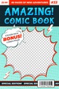 Comic book cover. Comics template, funny image magazine card. Cartoon superhero flyer title page, recent bubble boom