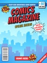 Comic book cover page. City superhero empty comics magazine covers layout, town buildings and vintage comic books vector template Royalty Free Stock Photo