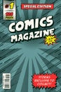 Comic book cover retro. Comic book book title page, funny superhero magazine isolated vector template. Vector illustration. Royalty Free Stock Photo