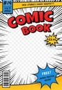 Comic book cover. Retro comics title page template in pop art style. Cartoon superhero magazine with speed rays and Royalty Free Stock Photo