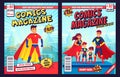 Comic book cover with super hero man and family characters. Retro magazine editable front page template