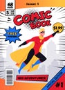 Comic book cover. Vintage magazine with male superhero character in action pose vector illustration. Retro comic book Royalty Free Stock Photo