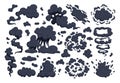 Comic book dust clouds, black cartoon smoke cloud. Puff stream clouds silhouettes, steaming dust vector symbols illustrations set Royalty Free Stock Photo