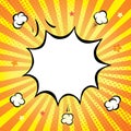 Comic book explosion. White speesh bubble on yellow pop art background. Cartoon burst vector Royalty Free Stock Photo