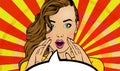 Comic book girl in pop art style. Emotional pretty woman trying to tell or announcing secret message. Beautiful lady