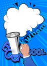 Comic book hand holding Megaphone. Cartoon illustration of a Loudspeaker. Royalty Free Stock Photo