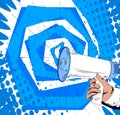 Comic book hand holding Megaphone. Cartoon illustration of a Loudspeaker. Royalty Free Stock Photo