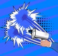 Comic book hand holding Megaphone. Cartoon illustration of a Loudspeaker. Royalty Free Stock Photo