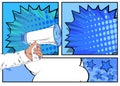 Comic book hand holding Megaphone. Cartoon illustration of a Loudspeaker. Royalty Free Stock Photo