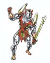 Comic book illustrated cosmic character with a sword in action pose Royalty Free Stock Photo