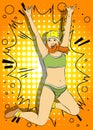 Comic book illustrated happy bikini woman jumping of joy.