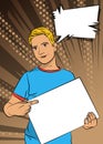 Man holding a blank board. Comic book illustration. Royalty Free Stock Photo