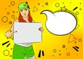 Woman holding a blank board. Comic book illustration. Royalty Free Stock Photo