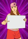 Woman holding a blank board. Comic book illustration. Royalty Free Stock Photo