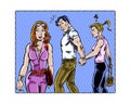 Comic book illustrated male character ogling another woman.