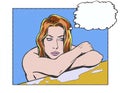 Comic book illustrated pop art poolside woman thinking with dialog bubble