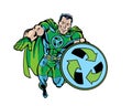 Comic book illustrated recycle green superhero flying with recycle shield