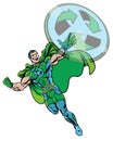 Comic book illustrated recycle green superhero flying with white background