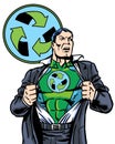 Comic book illustrated recycle green superhero removing his jacket