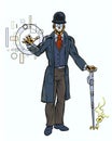 Comic book illustrated Victorian cyborg character holding a gizmo stick