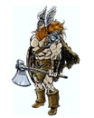 Comic book illustrated Viking male warrior with an ax and shield.