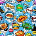 Comic book page divided by lines seamless pattern on blue background with speech bubbles. Vector Royalty Free Stock Photo