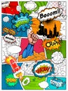 Comic book page divided by lines with speech bubbles, rocket, superhero and sounds effect.