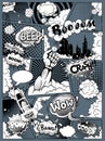 Comic book page layout with speech bubbles, rocket, superhero and sound effects on dark background. Black and white vector Royalty Free Stock Photo