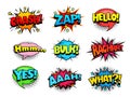 Comic book shouting expression sound effect, joy and cheers speech bubbles