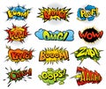 Comic book sound set. Colored hand drawn speech bubbles. Wow, Omg, Boom, Bang sound chat text effects in pop art style