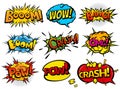 Comic book sound set. Colored hand drawn speech bubbles. Wow, Omg, Boom, Bang sound chat text effects in pop art style