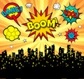 Comic book style background exploding over city at night Royalty Free Stock Photo