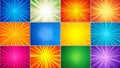 Comic book style backgrounds with radial burst effects in various vibrant colors Royalty Free Stock Photo