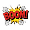 Comic book style \'boom!\' illustration with explosion effect and smoke clouds isolated on white background Royalty Free Stock Photo