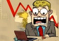 A comic book style drawing depicts a businessman worried about the declining economy,