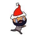 Comic book style illustration of a bearded man crying wearing santa hat