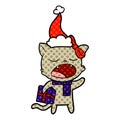 comic book style illustration of a cat with christmas present wearing santa hat