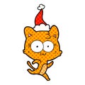 comic book style illustration of a surprised cat running wearing santa hat