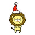 comic book style illustration of a tired lion wearing santa hat