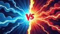 Comic book style versus graphic shows split, fire versus ice elements clashing with a red VS symbol center. Intense duel, battle Royalty Free Stock Photo