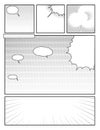 Comic book template to create comics with radial halftone dotted rays stripes effects and speech bubbles Royalty Free Stock Photo