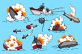 Comic book warships set. Collection of ships that launch missiles or explode. Military action. Pop art concept icons for