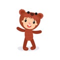 Comic boy or girl character in plush brown bear costume. Child wearing animal carnival jumpsuit. Flat vector design for Royalty Free Stock Photo