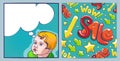 Comic boy with speech bubble. Sale shopping seamless pattern