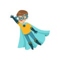 Comic brave kid in blue and yellow superhero costume, flying with one hand up. Halloween costume. Vector flat super boy
