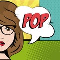 Comic brunette girl glasses bubble speech pop art